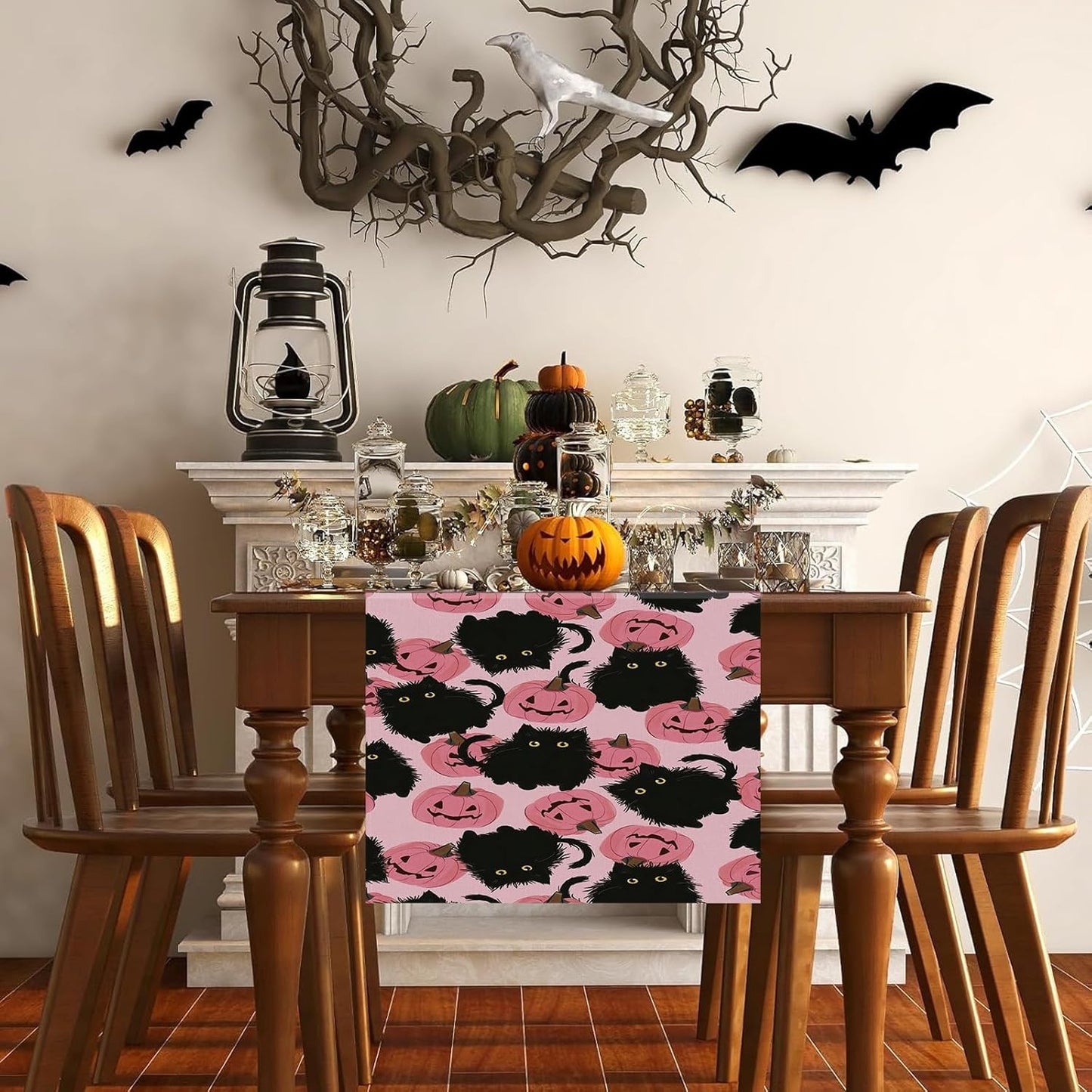 Halloween Table Runner Black Cat Pink Pumpkins Seasonal Kitchen Dining Table Home Outdoor Party Decorations 13x36 Inch