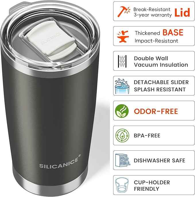 Coffee Tumbler 20 oz, Double Wall Stainless Steel Travel Coffee Mug with Removable Slider Lid, BPA Free, Car Cup Holder Compatible - Gym/Office/Travel/Home - Metal Gray