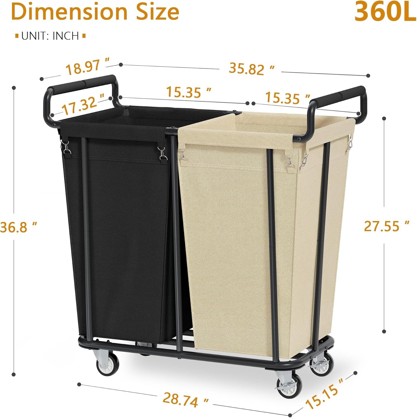 Gewudraw Large Laundry Hamper with Wheels, 2 Bag 360L Big Rolling Laundry Basket Sorter Cart, Extra Large Clothes Hamper, Heavy Duty Laundry Basket Organizer for Laundry Room, Bathroom