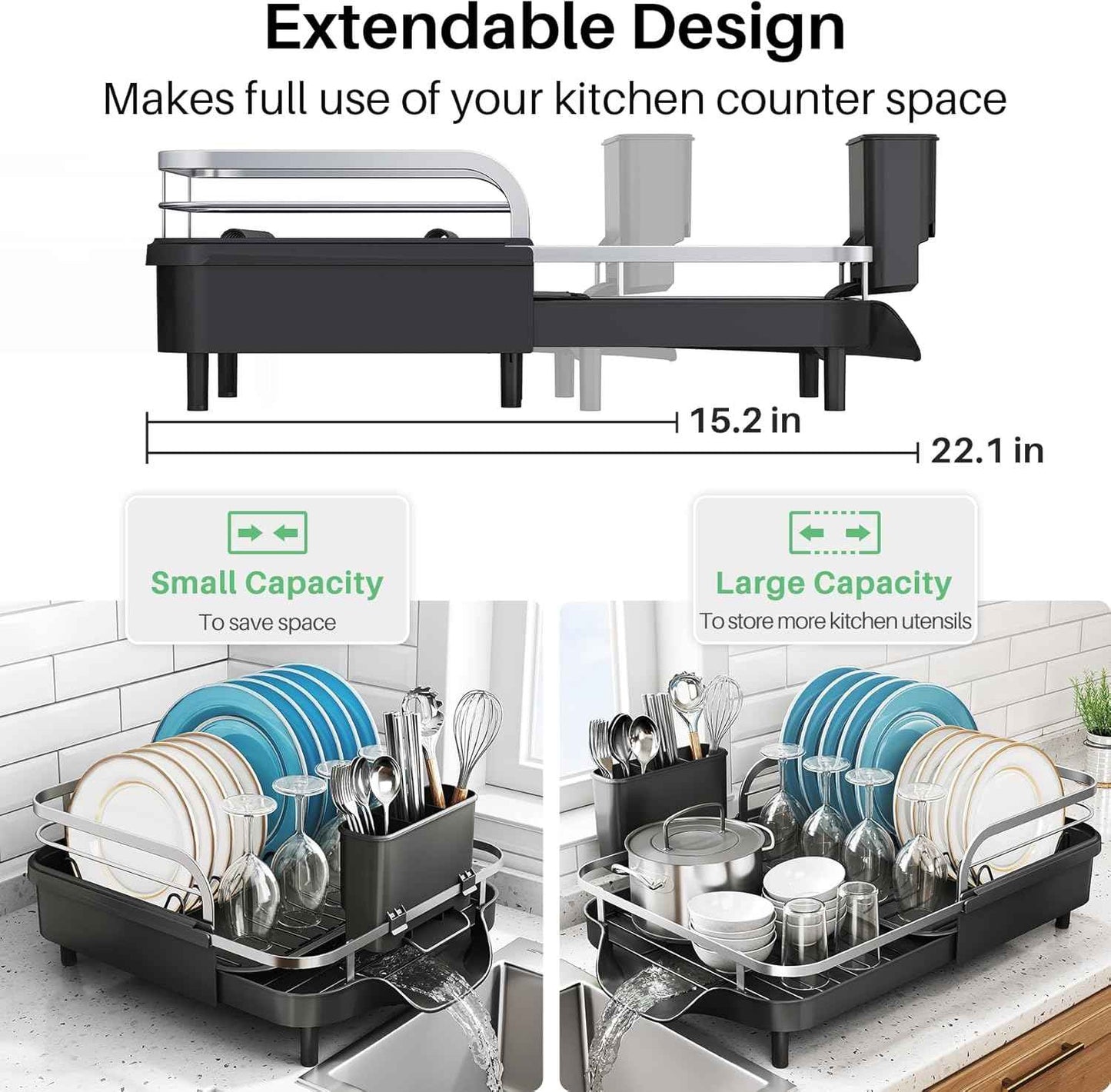 SNTD Dish Drying Rack, Expandable Dish Rack for Kitchen Counter, Stainless Steel Dish Drainer with Drainboard Set and Utensil Holder (Black)