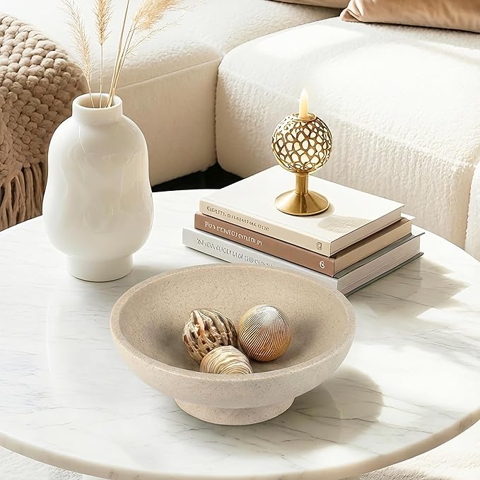 Catch All Decorative Fruit Bowl with Pedestal —Key, Purse & Trinket Holder | Entryway Table, Kitchen Counter, Coffee Console Decor | Modern Minimalist Artificial Stone Beige