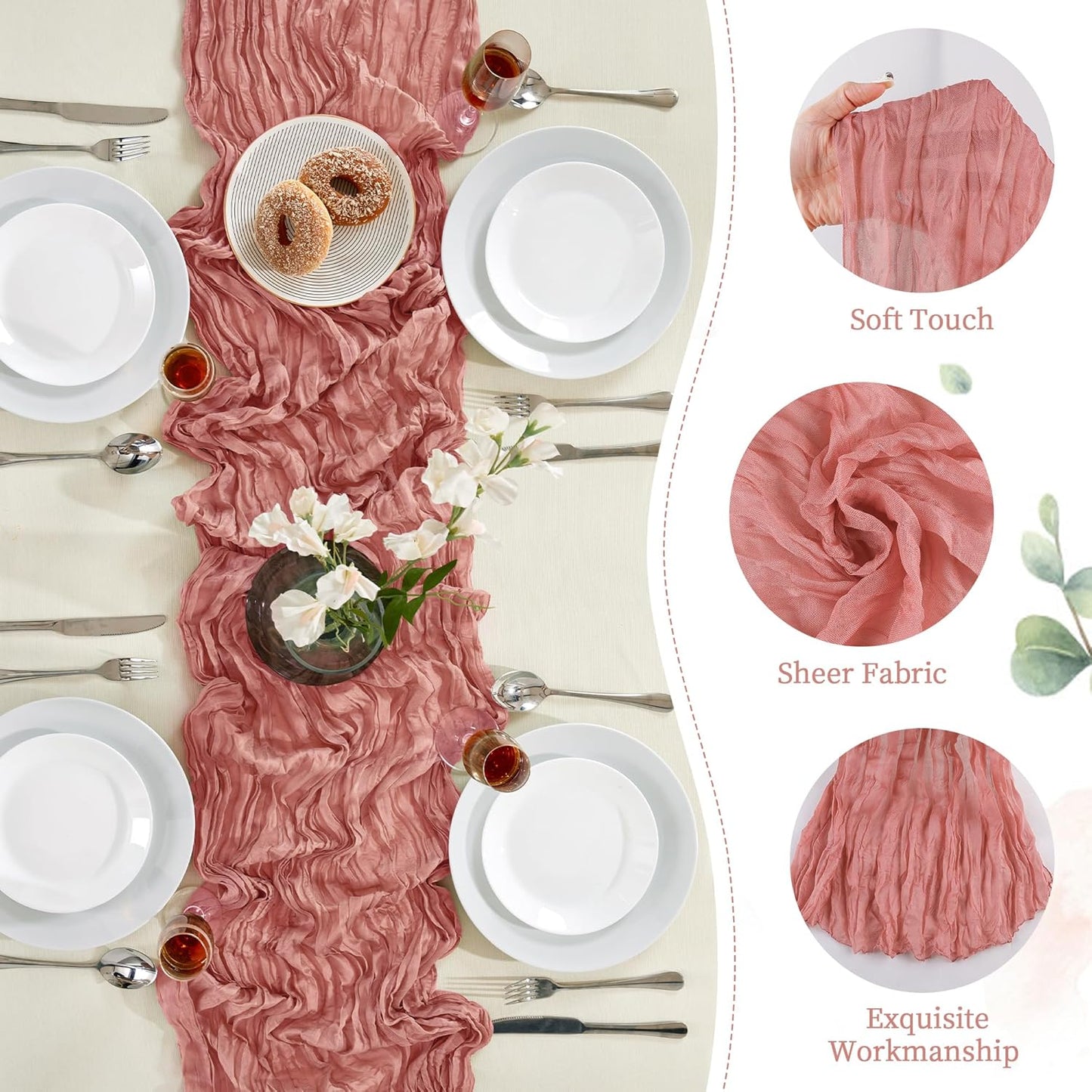 6 Pack Rose Cheesecloth Table Runner 10FT Long Boho Gauze Table Runner Rustic Sheer Runner for Wedding Bridal Baby Shower Birthday Party Table Decor Thanksgiving Christmas Decorations