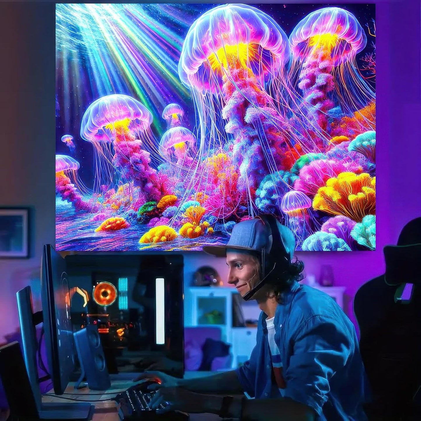 BlissYard Black Light Tapestry UV Reactive Tapestry Glow Tapestry Blacklight Tapestry 78x59 Inches Neon Jellyfish Wall Hanging, Fluorescent Art Decoration with Colorful Sea Life, Oceanic Theme