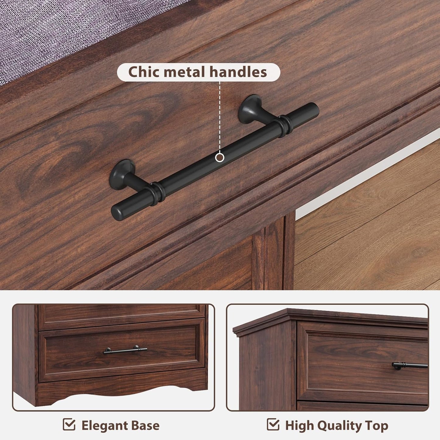 Walnut Farmhouse Dresser for Bedroom, Modern 6 Chest of Drawers, 44" Tall Chest of Drawers with Brushed Metal Handle, Wood Closet Organizers and Storage Cabinet for Bedroom, Living Room, Hallway