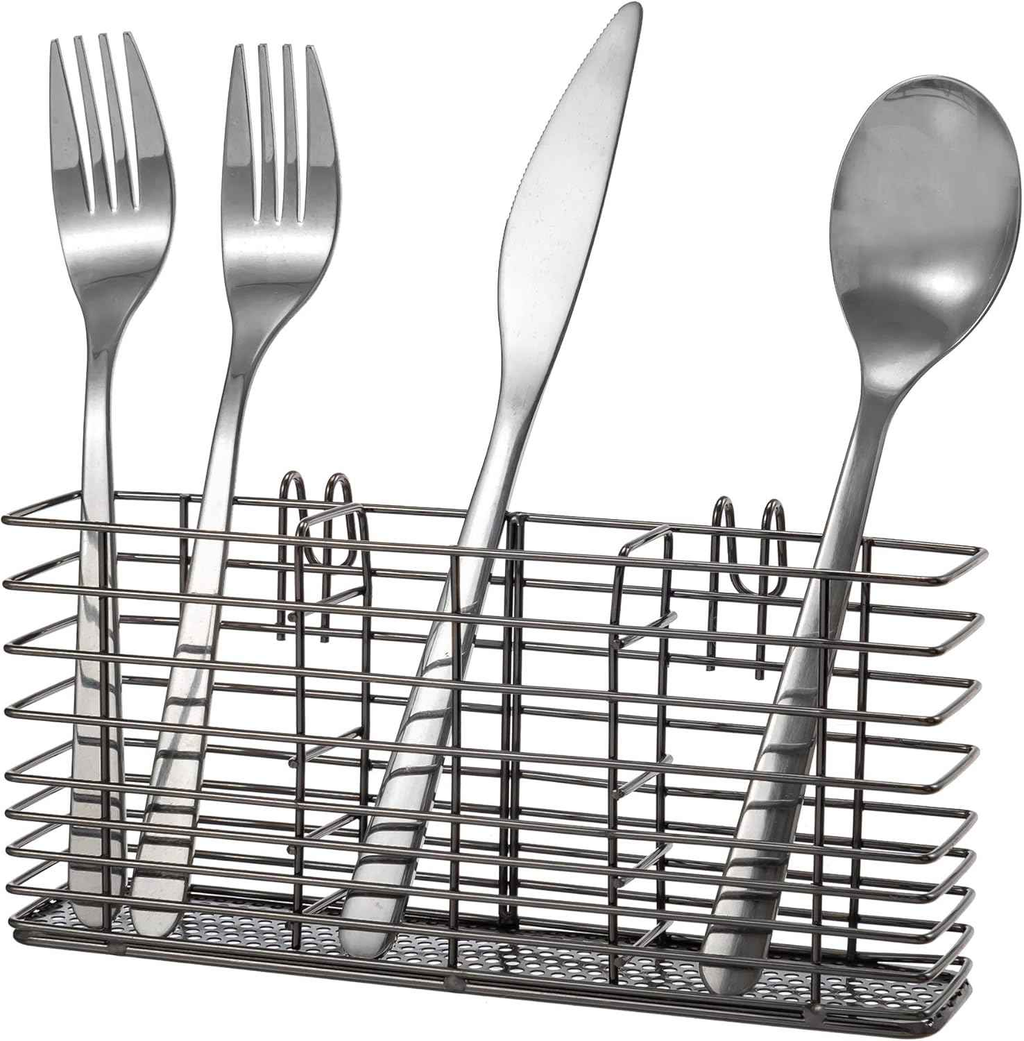 Slideep Cutlery Utensil Silverware Drying Rack, Flatware Storage Solution Basket with Hooks for Kitchen Dish Drainer Dish Drying Rack, Rust Proof Nickel