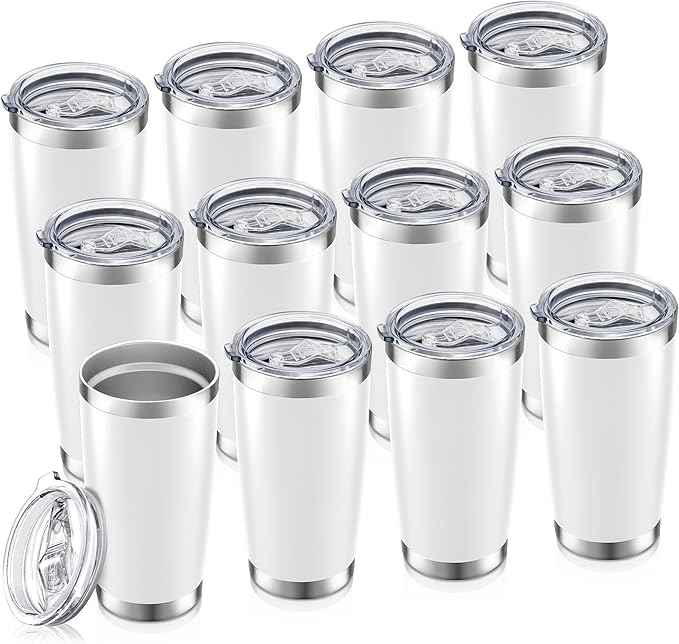 20 oz Tumbler Bulk with Lid Stainless Steel Insulated Tumblers Double Wall Vacuum Coffee Mug Powder Coated Tumbler Cups for Cold and Hot Drinks, White, 12 pack