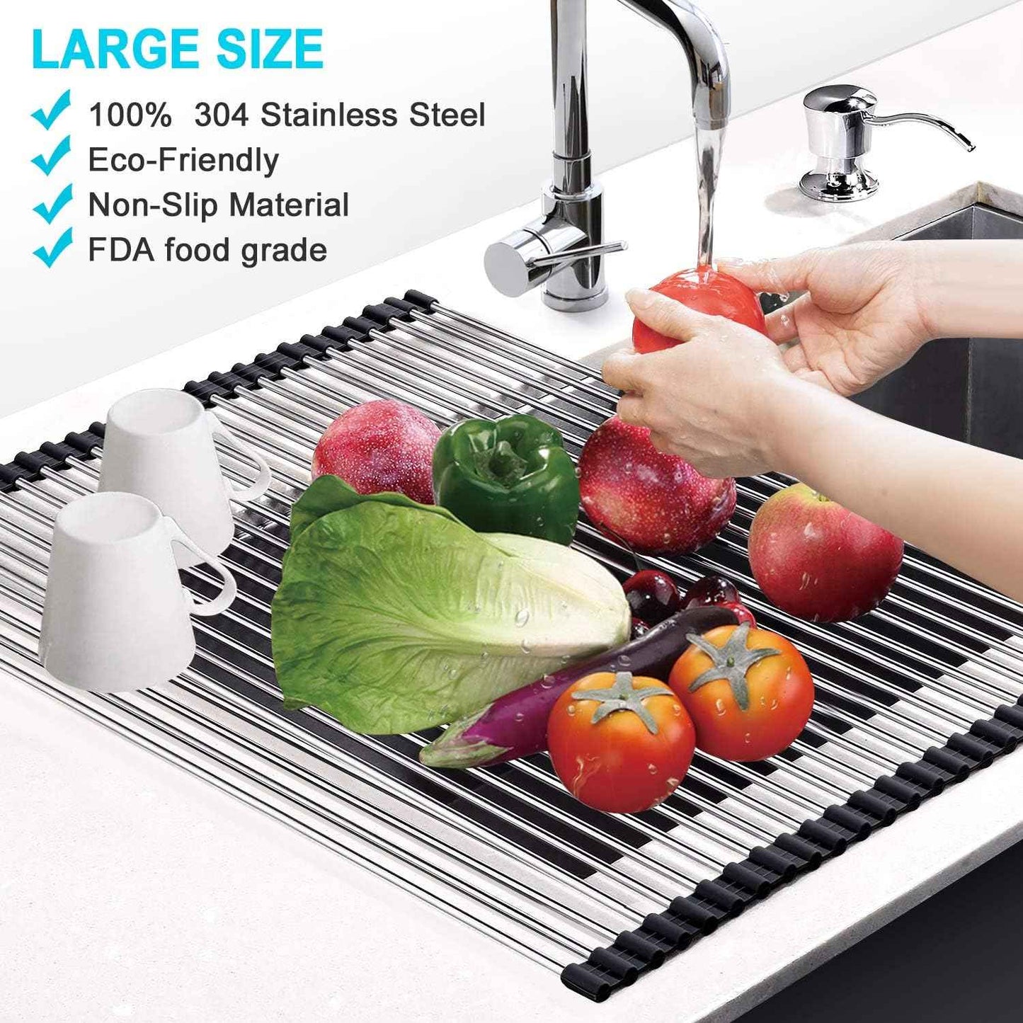 G-TING Dish Drying Rack 17.6" x 16", Over Sink Roll Up Large Dish Drainers Rack, Multipurpose Foldable Kitchen Sink Rack Mat Stainless Steel with Silicone Rims for Dishes, Cups, Fruits Vegetables