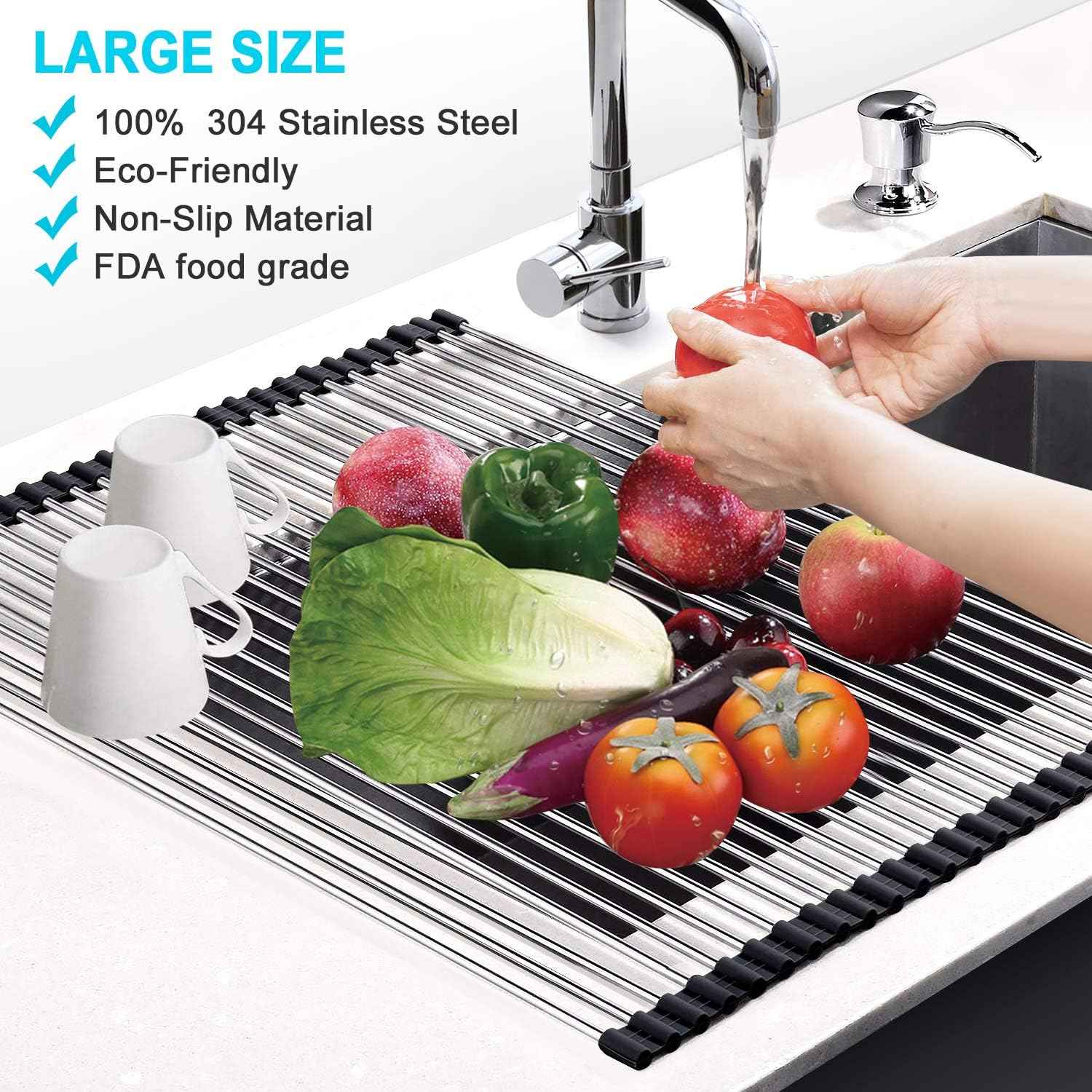 G-TING Dish Drying Rack 17.6" x 16", Over Sink Roll Up Large Dish Drainers Rack, Multipurpose Foldable Kitchen Sink Rack Mat Stainless Steel with Silicone Rims for Dishes, Cups, Fruits Vegetables