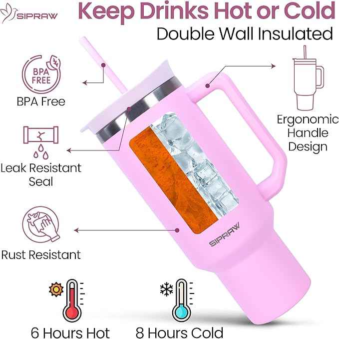 40oz Tumbler with Handle and Straw Insulated Stainless Steel Travel Mug Vacuum Double Wall Coffee Cup Leak Resistant Lid BPA-Free Cup Holder Friendly for Hot & Cold Drinks, Pink