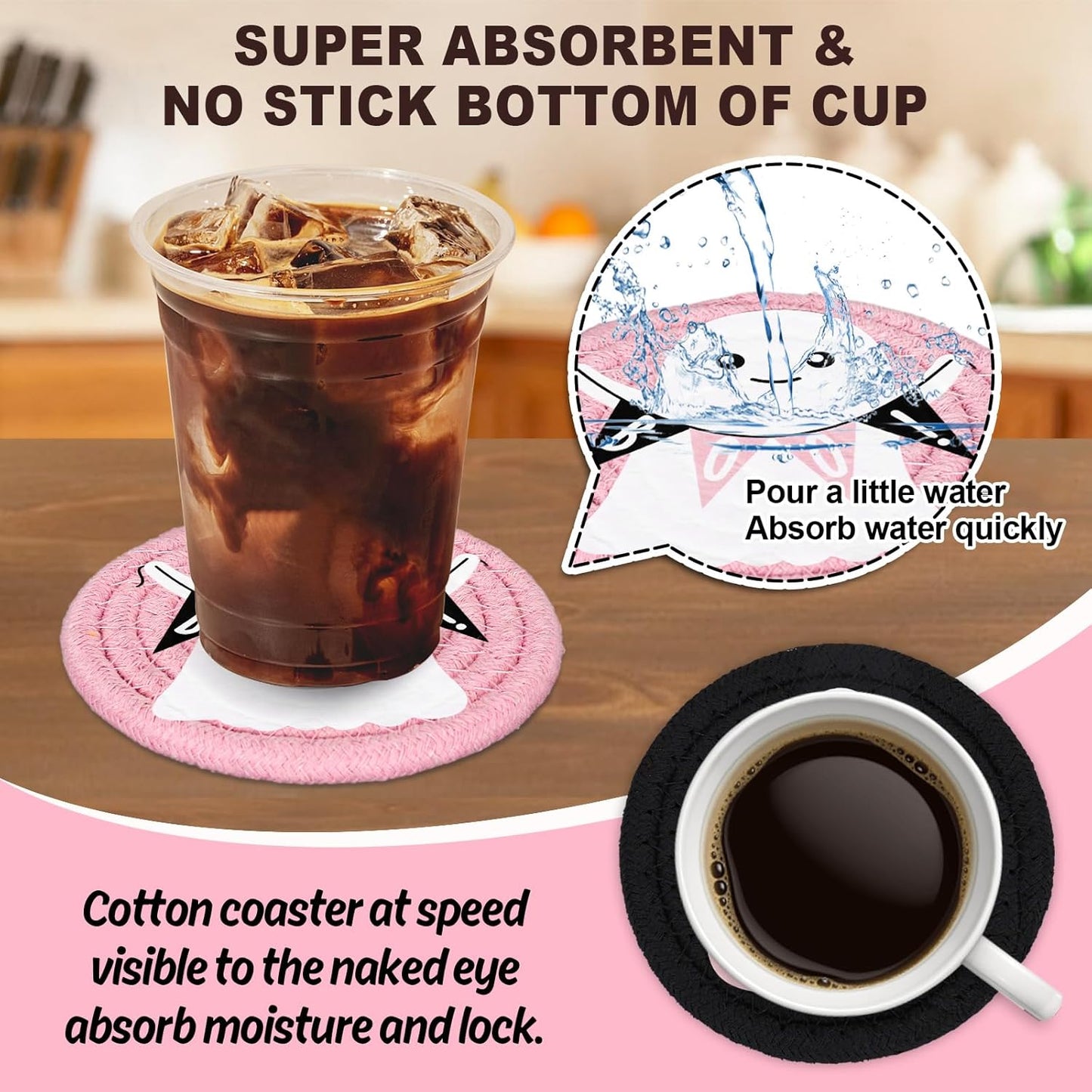 Whaline Halloween Handmade Braided Cotton Coasters Pink Cute Ghost Boo Black Cat Drink Coasters Absorbent Cup Coasters for Halloween Party Home Office Decor, Set of 4