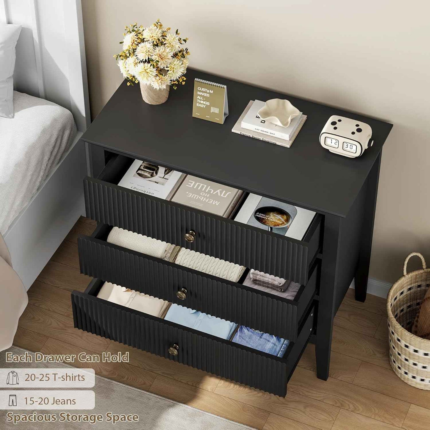 Fluted 3 Drawer Dresser, 31.5 in Wide Dresser Nightstand for Bedroom, Modern Wood Chest of Drawers, Large Painted Nightstand with 3 Drawers for Closet, Hallway, Entryway