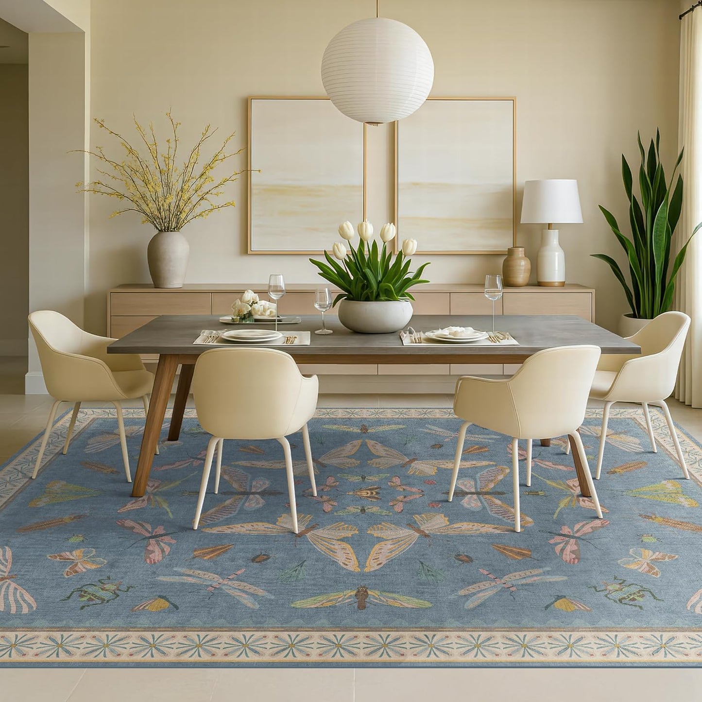 Light Blue Rugs for Dining Room Under Table - 8x10 Washable Area Rugs for Living Room, Bedroom, Kids Room, Playroom, Lage Modern Boho Animal Print Carpet, Ultra Soft Non Slip Stain Resistant