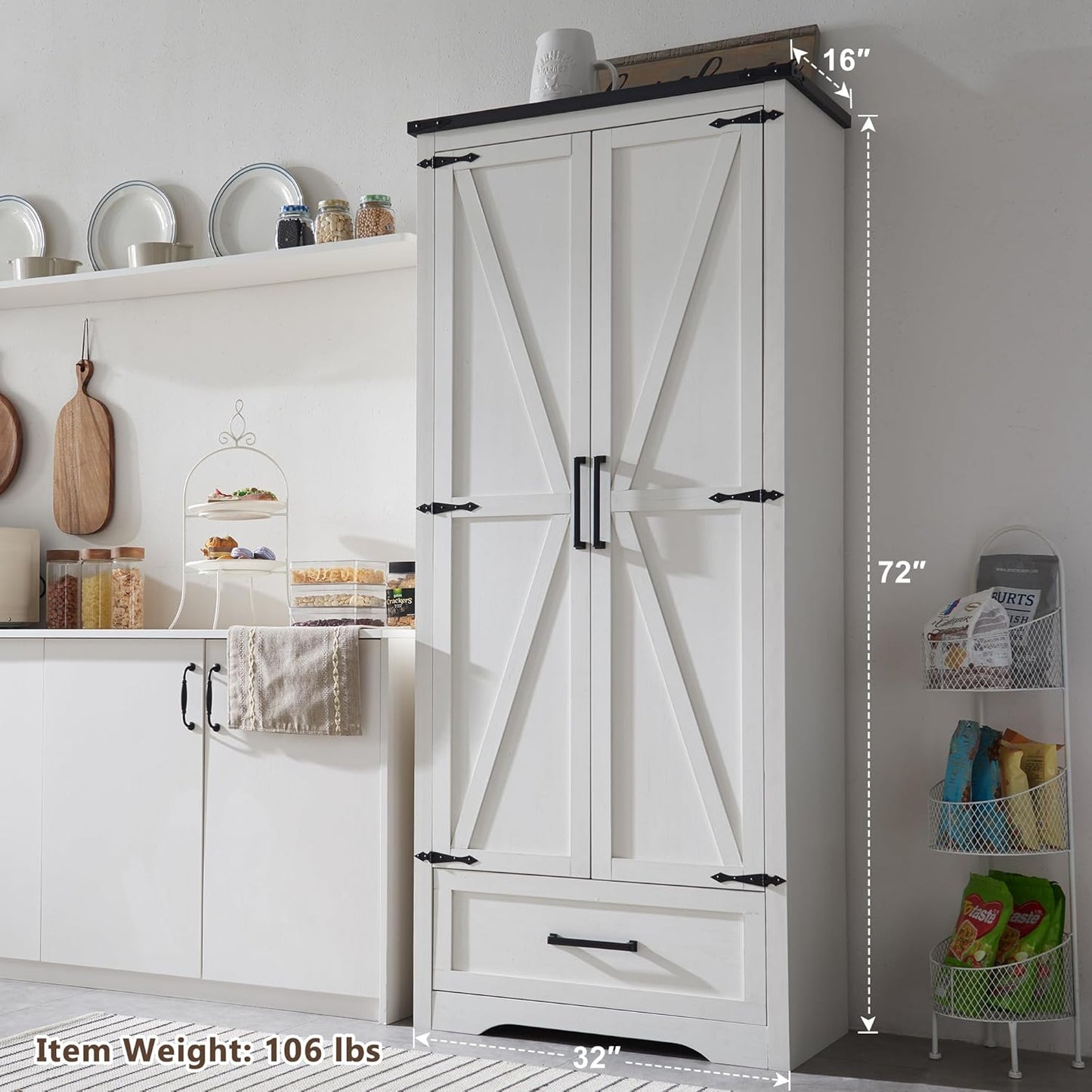 72" Tall Wood Storage Cabinet, Farmhouse Kitchen Pantry Cabinet with Adjustable Shelves & Drawer & Barn Doors, Versatile Storage for Kitchen, Dining Room, Bathroom, Antique White