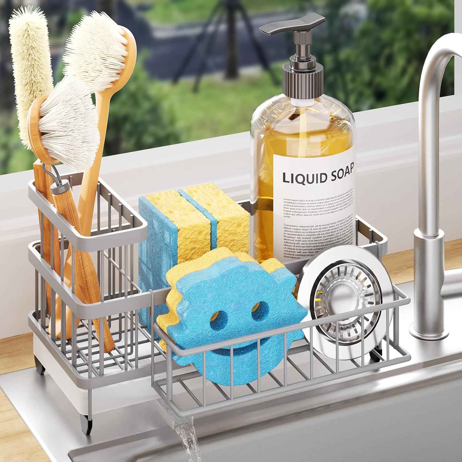 Consumest Sponge Holder for Kitchen Sink - Auto Draining Sink Caddy Organizer with Detachable Rack, High Brush Holder, Kitchen Countertop Storage Accessories, Grey