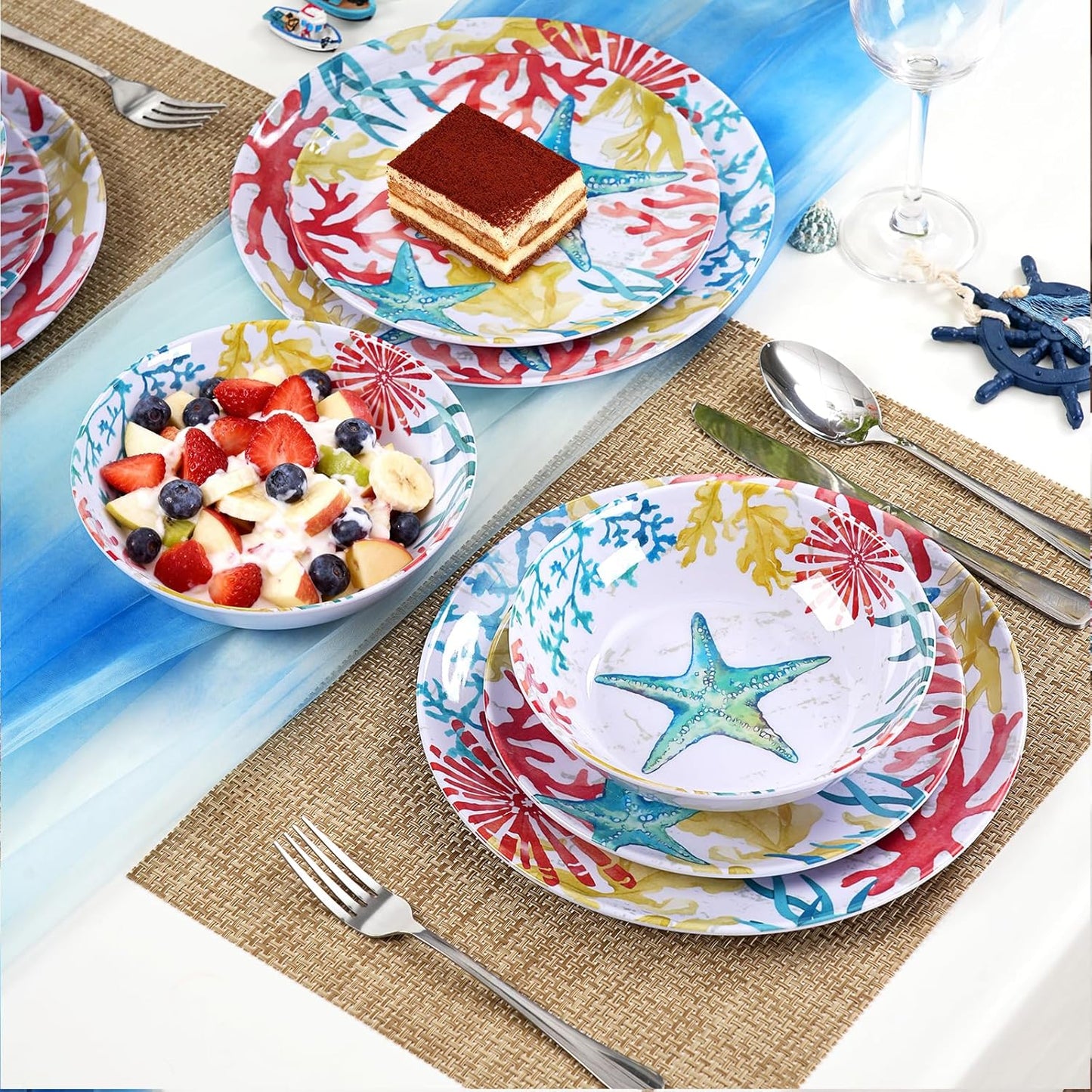 Melamine Dinnerware Set for 4 – 12-Piece Starfish Coral Design Plates and Bowls, Ocean Dishes set, Unbreakable Dinner Set for Indoor Outdoor Use, Dishwasher Safe, Coastal Beach Theme Tableware