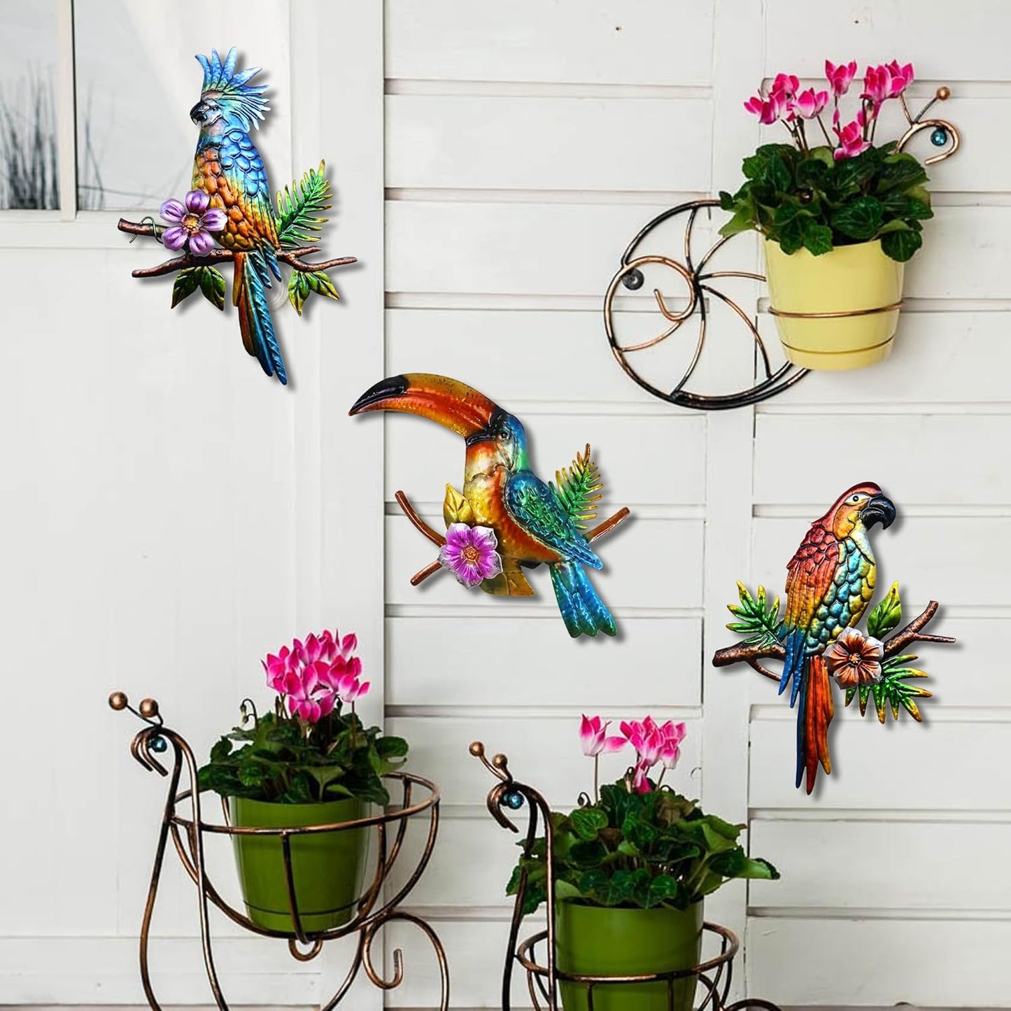 J-Fly Metal Parrot Wall Decor Tropical Outdoor Wall Decor Parrot Outdoor Wall Art Metal Bird Toucans Decor Patio Fence Garden Home Kitchen Decor 11 Inch