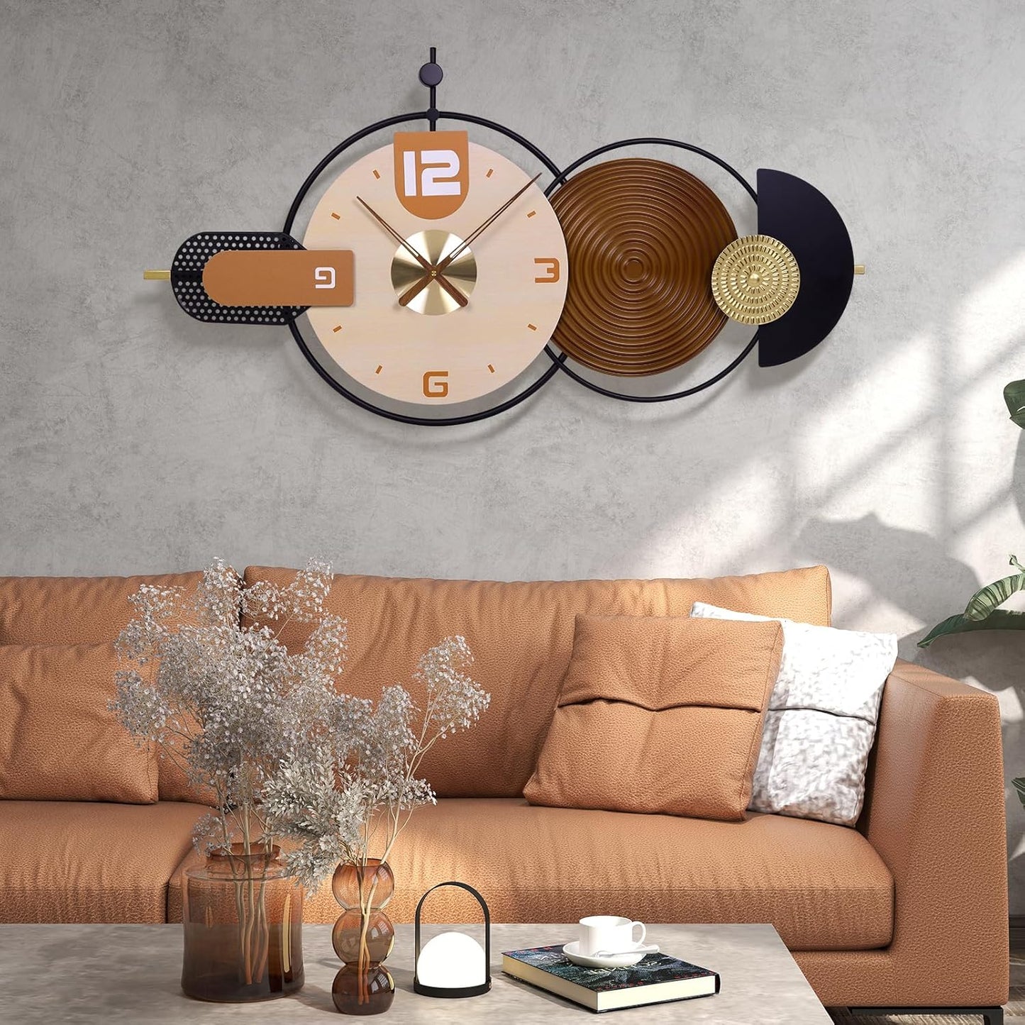 Large Wall Clock for Living Room Modern Wall Clocks Battery Operated Iron and Wood Combination Big Clocks Silent Non Ticking Clock Suitable for Home,Bed Room,Kitchen,Office 33X20inch