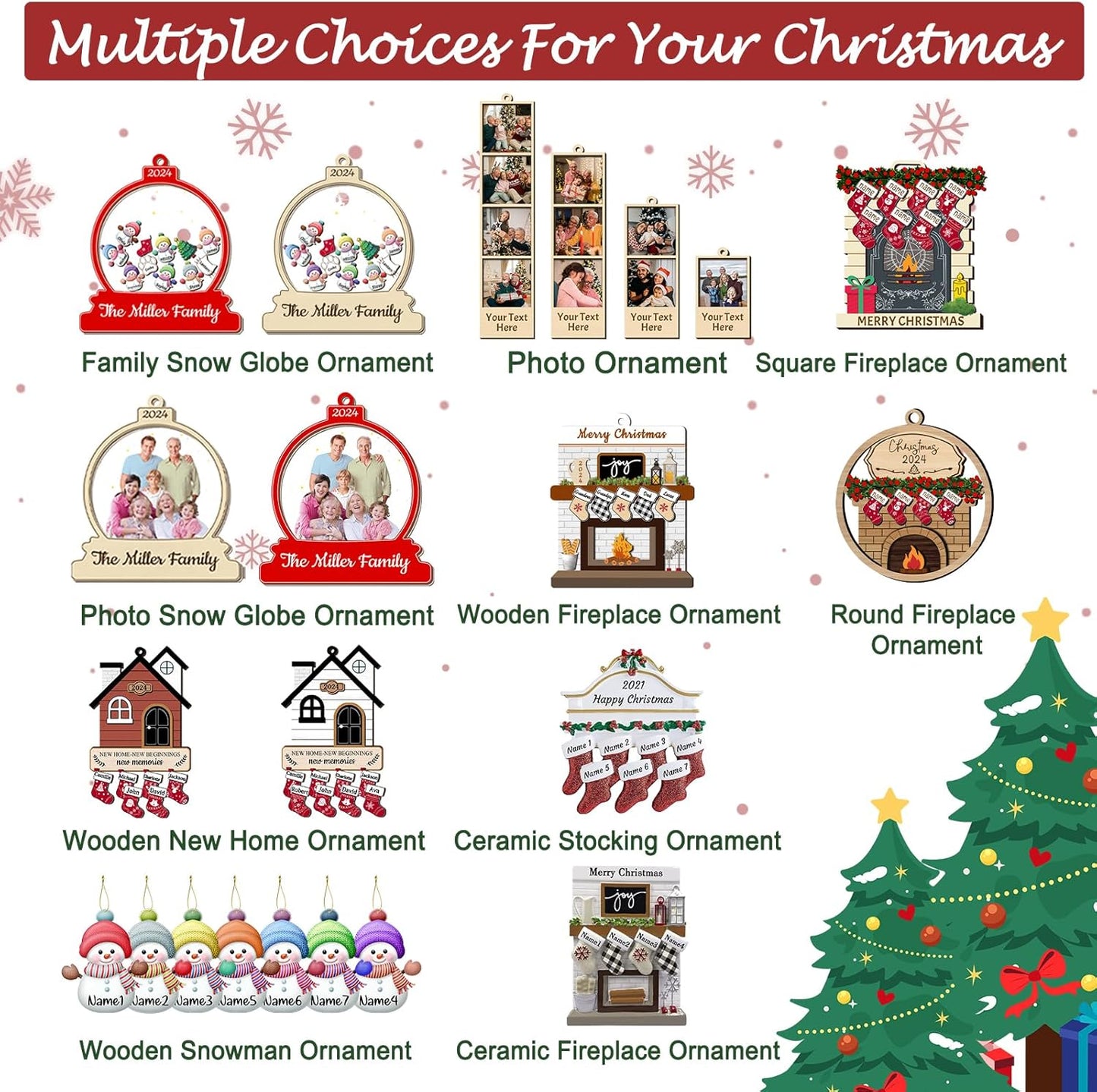 Personalized Christmas Ornaments with Photo Names Custom Family Ornament Customized Xmas Tree Hanging Wood Decoration Gift Snow Globe