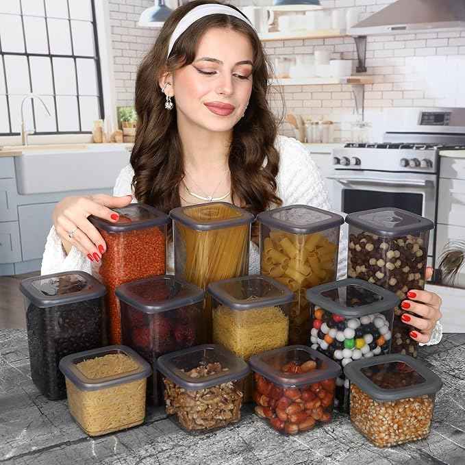 T&D HOME GOODS Storage Jars with Lid, Airtight, Set of 12 Storage Containers, BPA-Free, Storage Container for Cereal, Flour, Kitchen, Practical Organiser Kitchen, (12, 3 Square diff size)