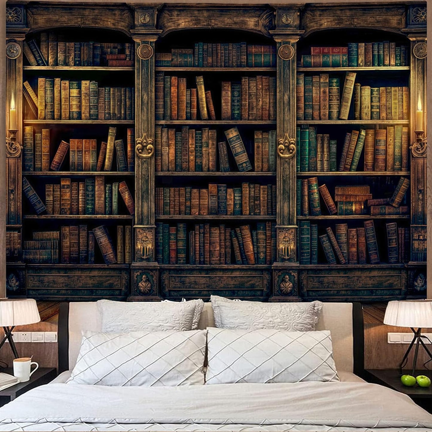 YEXIT Retro Bookshelf Wall Tapestry, Vintage Books Study Library Tapestries for College Dorm Bedroom Magic Caslte Backdrop 60×80 inch