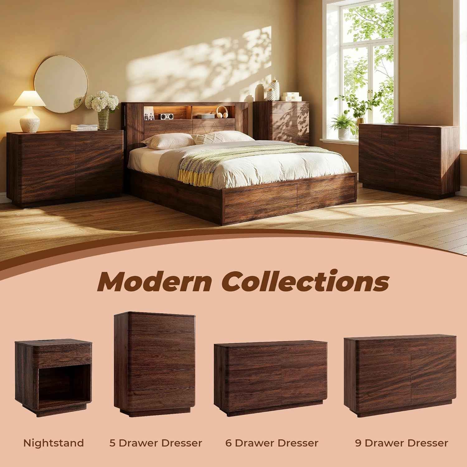 ACCOHOHO 6 Drawer Dresser for Bedroom, 52" Wide Modern Wood Dresser with Hidden Handle Drawers, Large Storage Chest of Drawers, TV Stand for Living Room & Hallway, Curved Profile Design, Dark Walnut