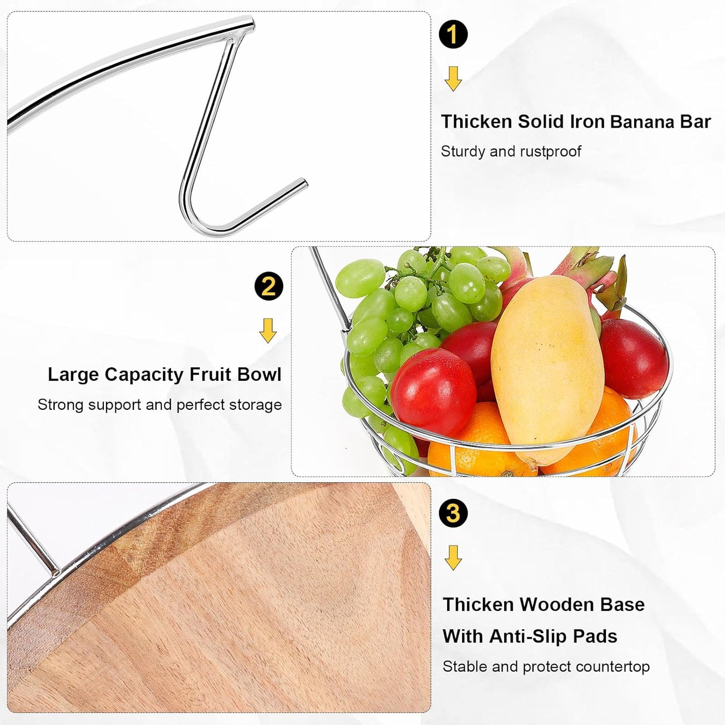 Livabber Countertop Fruit Basket Bowl with Banana Hanger, Modern Standing Fruit Vegetable Bowl Storage, with Banana Tree Holder for Kitchen Dinning Table (Round Wood, Chrome)