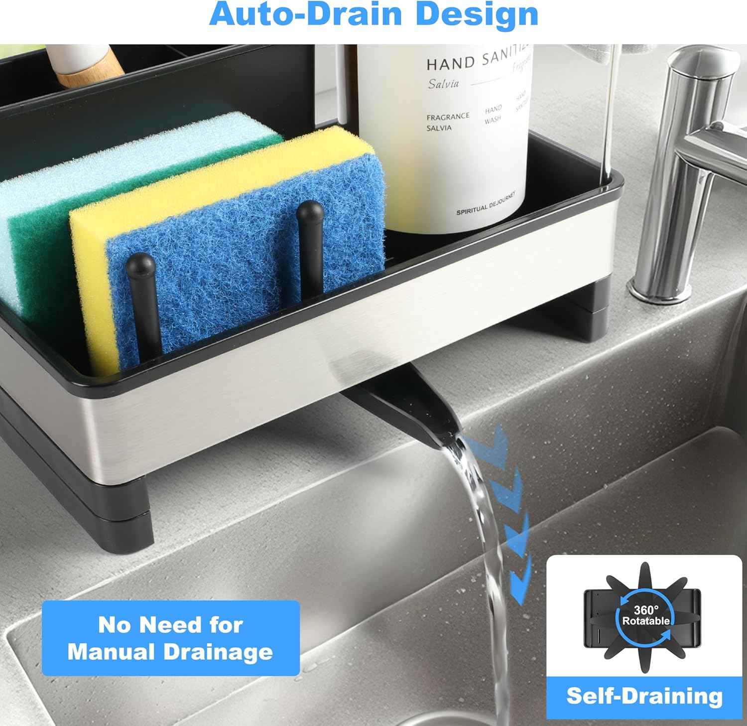 Kitchen Sink Caddy Organizer, Stainless Steel Sponge Holder, Kitchen Caddy Sink Organizer with Dish Brush Holder and Dishcloth Rack, Rustproof Dish Sponge Drying Rack for Countertop Storage