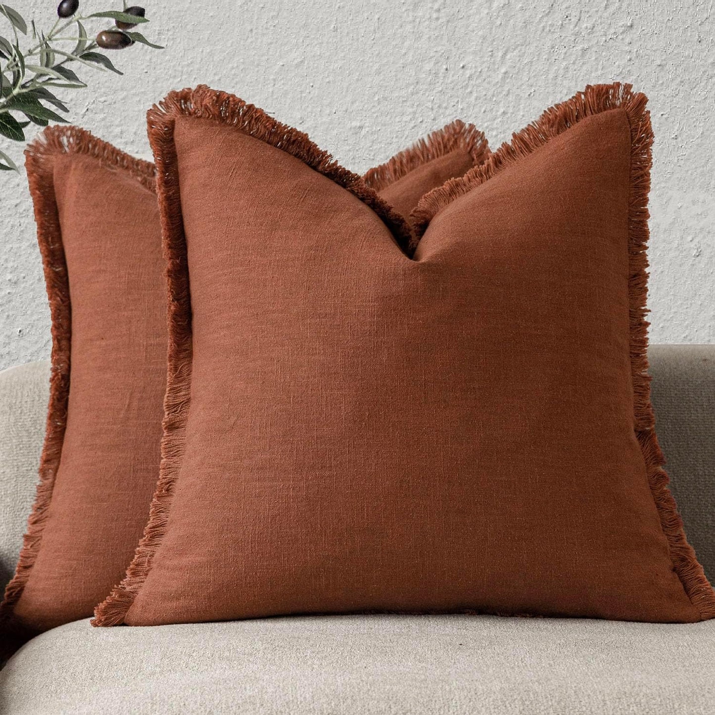 Foindtower Set of 2 Decorative Linen Fringe Throw Pillow Covers Boho Farmhouse Cushion Cover with Tassels Soft Accent Pillowcase for Couch Sofa Bed Living Room Home Decor, 26×26 Inch, Fall Rust Orange