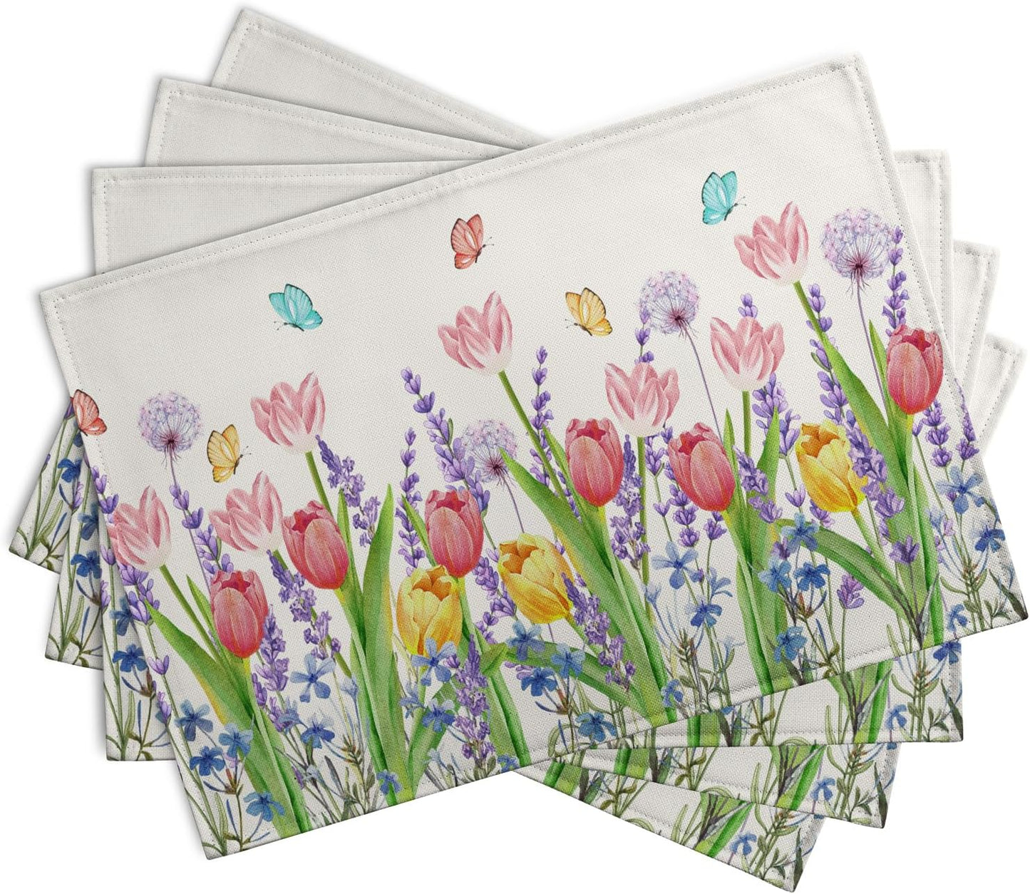 Tulip Placemats Set of 4 Spring Summer Flowers Tulips Lavender Place Mats Watercolor Floral Dandelion Butterfly Non-Slip Heat Resistant Washable Linen Table Mats for Dining Table Kitchen Decor