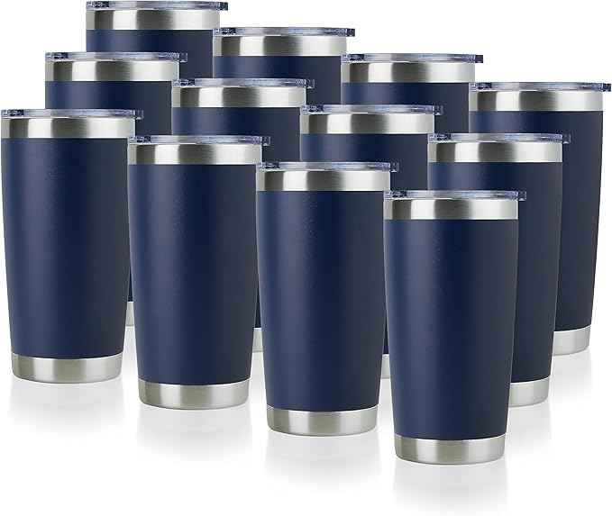 DOMICARE 20oz Stainless Steel Tumbler Bulk with Lid, Double Wall Vacuum Insulated Travel Mug, Powder Coated Coffee Cup, Navy, 12 Pack