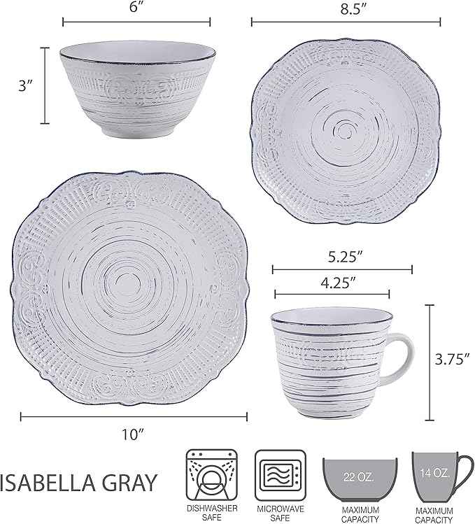 Pfaltzgraff Isabella 16-Piece Stoneware Dinnerware Set, Service for 4 - Handpainted Unique Glazed Finish - Includes Dinner Plates, Salad Plates, Bowls, Mugs - Dishwasher & Microwave Safe (Gray)