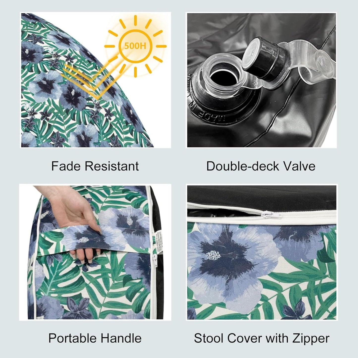 LVTXIII Indoor/Outdoor Inflatable Ottoman, D31 x H14 Inch Large Round Ottoman, All Weather Foot Rest Stool, Portable Footrest for Patio, Garden, Camping and Home - Blue Salmone Tropical