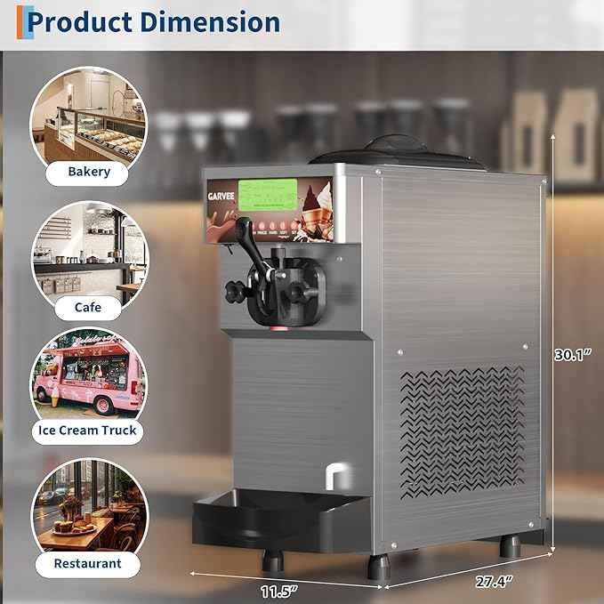 Countertop Soft Serve Ice Cream Maker, 10-20L/H, 6L Hopper, 2L Freezing Cylinder, 5" LED Screen, 1500W, 1 Head, Auto Clean, Stainless Steel Commercial Dessert Machine for Restaurant & Snack Bar