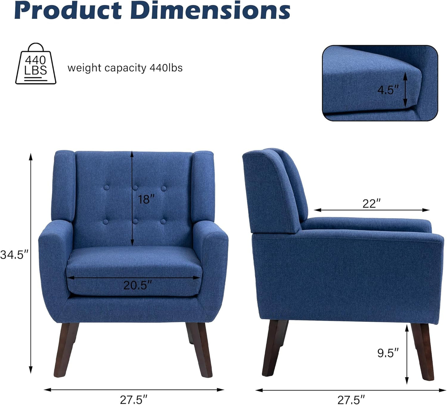 UIXE Accent Chair, Modern Upholstered Armchair in Fabric for Living Room, Comfy Club Arm Chairs Single Sofa Button Tufted Bedroom Reading Seat - Blue, Set of 4