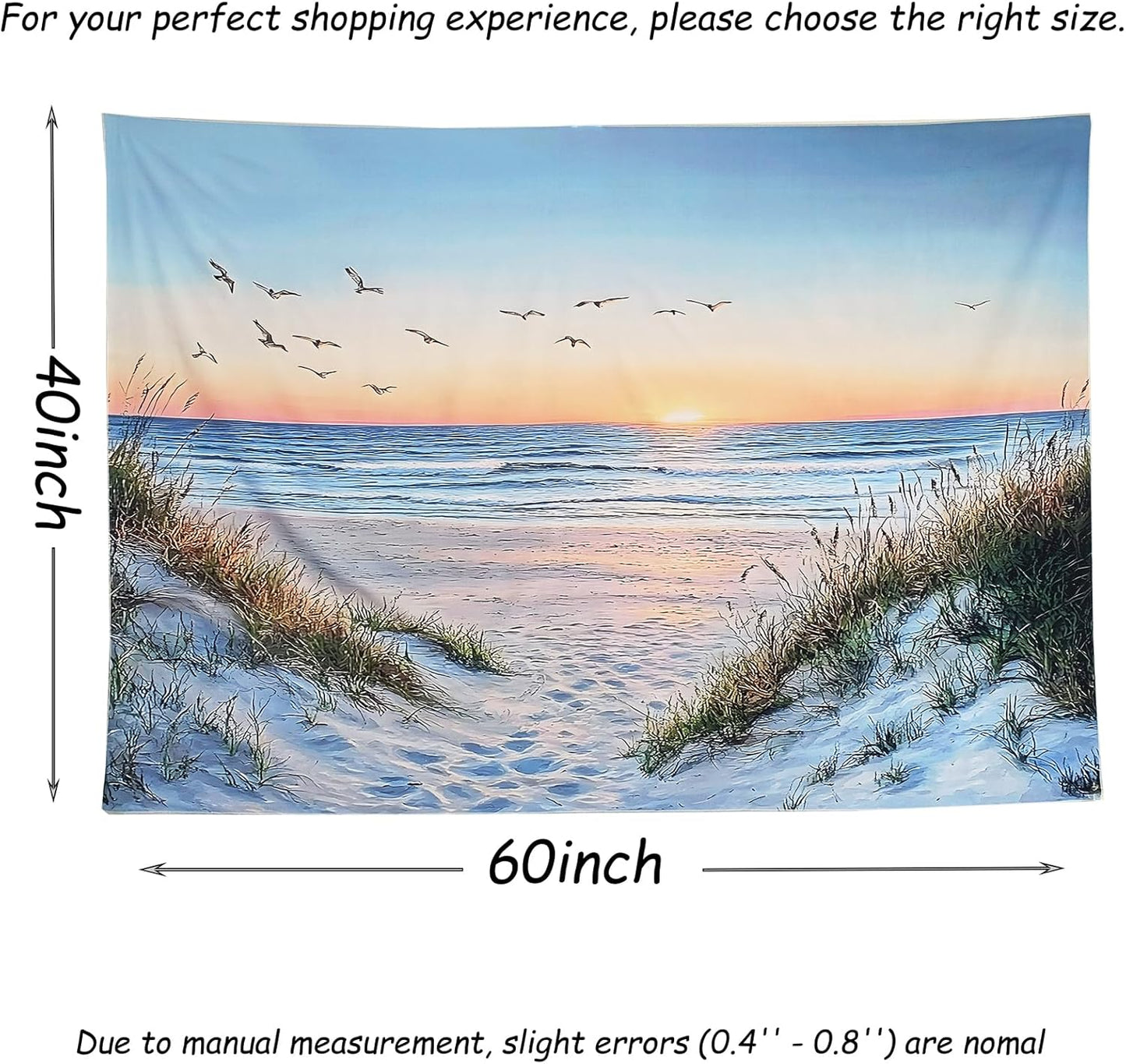 Algasan Ocean Beach Tapestry, Sea Sunset Seabird and Beach with Grass Tapestries Natural Landscape Tapestry Aesthetic for Bedroom Living Room Office Decor 60x40 Inches