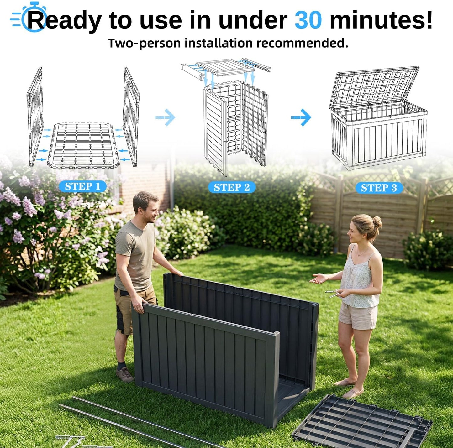 200 Gallon Deck Box, Resin Outdoor Waterproof Storage Box, Lockable Storage Box With Handle for Patio Furniture - Garden Tools - Swimming Pool Tools UV Resistant, Black - 200