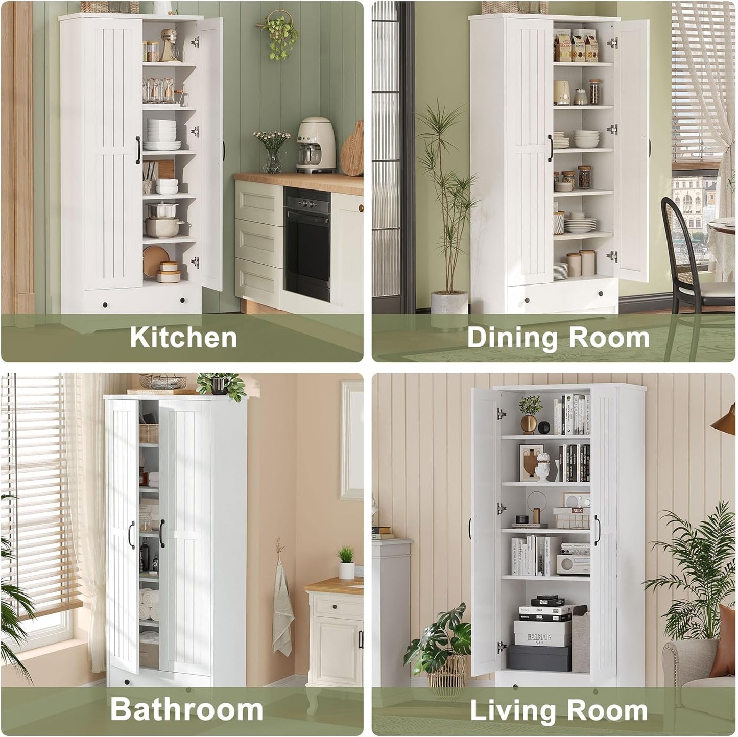 Decofy 70" Tall Storage Cabinets, Large Wood Storage Pantry Cabinet with 6 Adjustable Shelves, 2 Striped Doors & Drawer, Standing Utility Cabinet for Kitchen, Bathroom, Dining Room, Antique (White)
