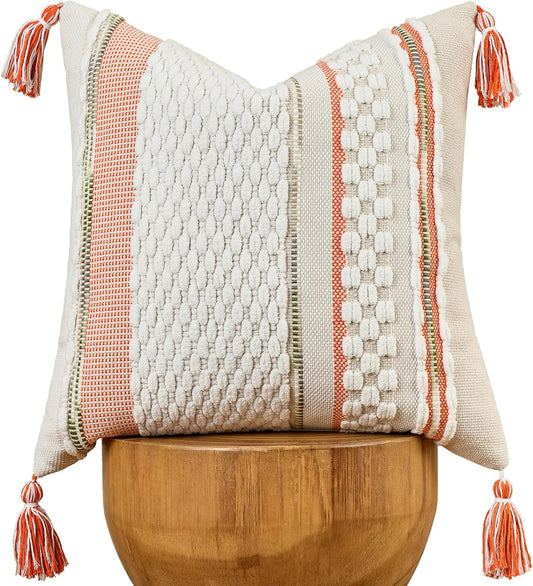 AmHoo Chenille Striped Textured Boho Throw Pillow Covers Aesthetic with Tassels Woven Decorative Pillow Case for Couch Bed Sofa Bedroom Modern Funky 18 x 18-Inch White Orange