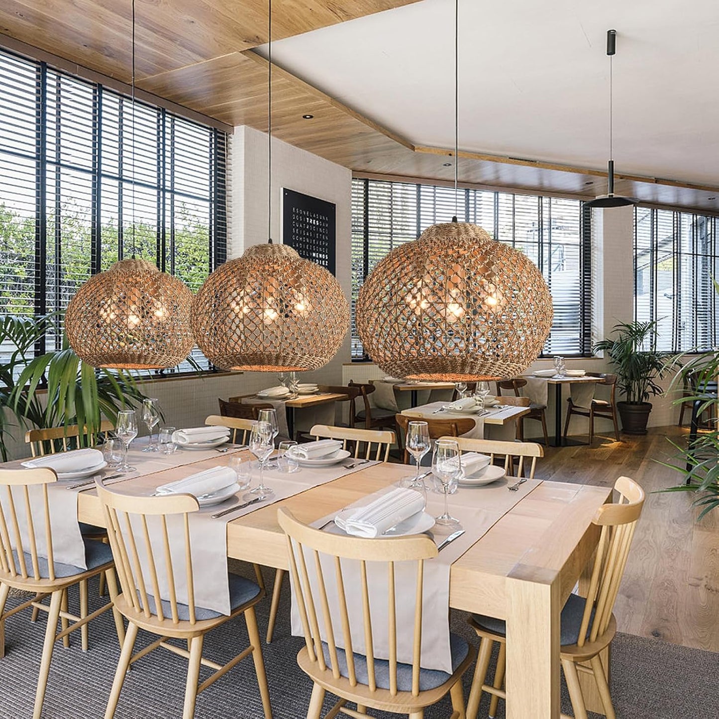 17" Rattan Pendant Light 3-Light Hand Woven Wicker Seagrass Hanging Light Boho Water Plants Rattan Chandelier for Dining Living Bedroom Kitchen Farmhouse