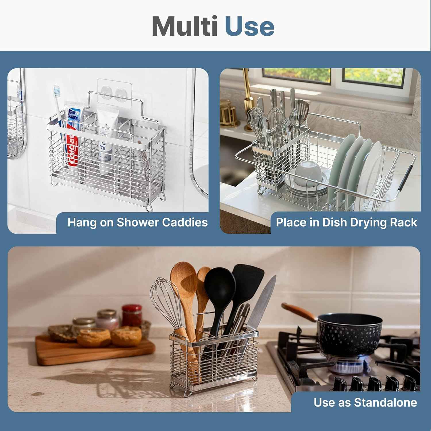 KESOL Stainless Steel Utensil Holder, Utensil Drying Rack with 3 Divided Compartments, Rust-Resistant Utensil Drying Basket, Silverware Drying Basket, Utensil Drainer for Dish Rack
