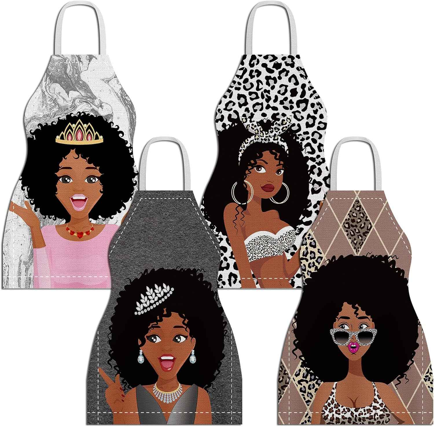 4 Pcs African Women Waterproof Aprons - Adjustable Black Queen Kitchen Chef Apron for Baking, Grilling, Gardening, Cooking, Painting, Grooming