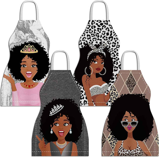 4 Pcs African Women Waterproof Aprons - Adjustable Black Queen Kitchen Chef Apron for Baking, Grilling, Gardening, Cooking, Painting, Grooming
