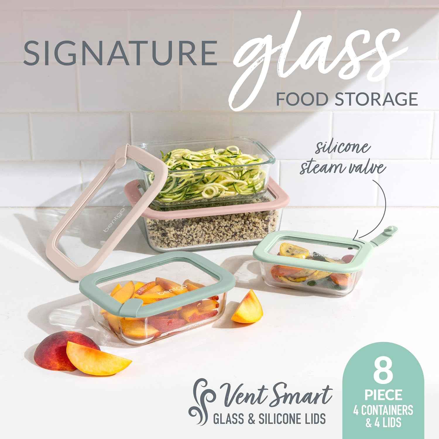 Bentgo Signature Leak-Proof Glass Food Storage - 8-Piece Set, 1-Compartment Plastic-Free Containers with Airtight Glass Lids, BPA-Free, Microwave, Freezer, Oven & Dishwasher Safe (Desert Sage)