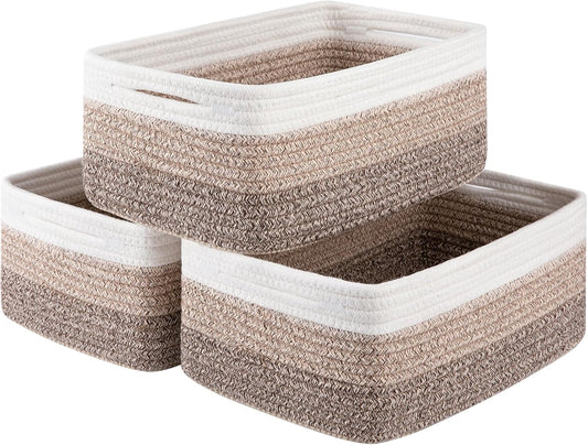 3 Pack Small Storage Baskets for Organizing, Cute Woven Decorative Gift Baskets for Shelves, Mini Closet Organizer Bins with Handles-13''Lx8.66''Wx5.11''H-Brown White