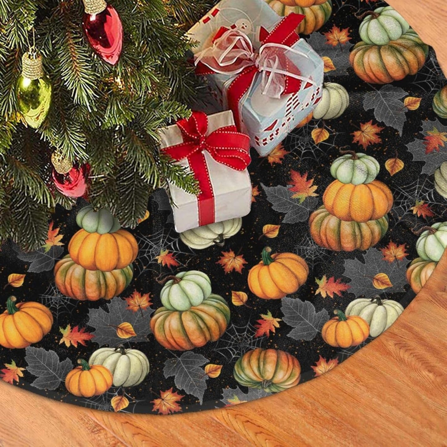Thanksgiving Fall Tree Skirt Maple Leaf Pumpkin Spider Web Christmas Tree Skirt Xmas Tree Mat Halloween Christmas Tree Ornaments Decorations Holiday Party Indoor Outdoor 30"