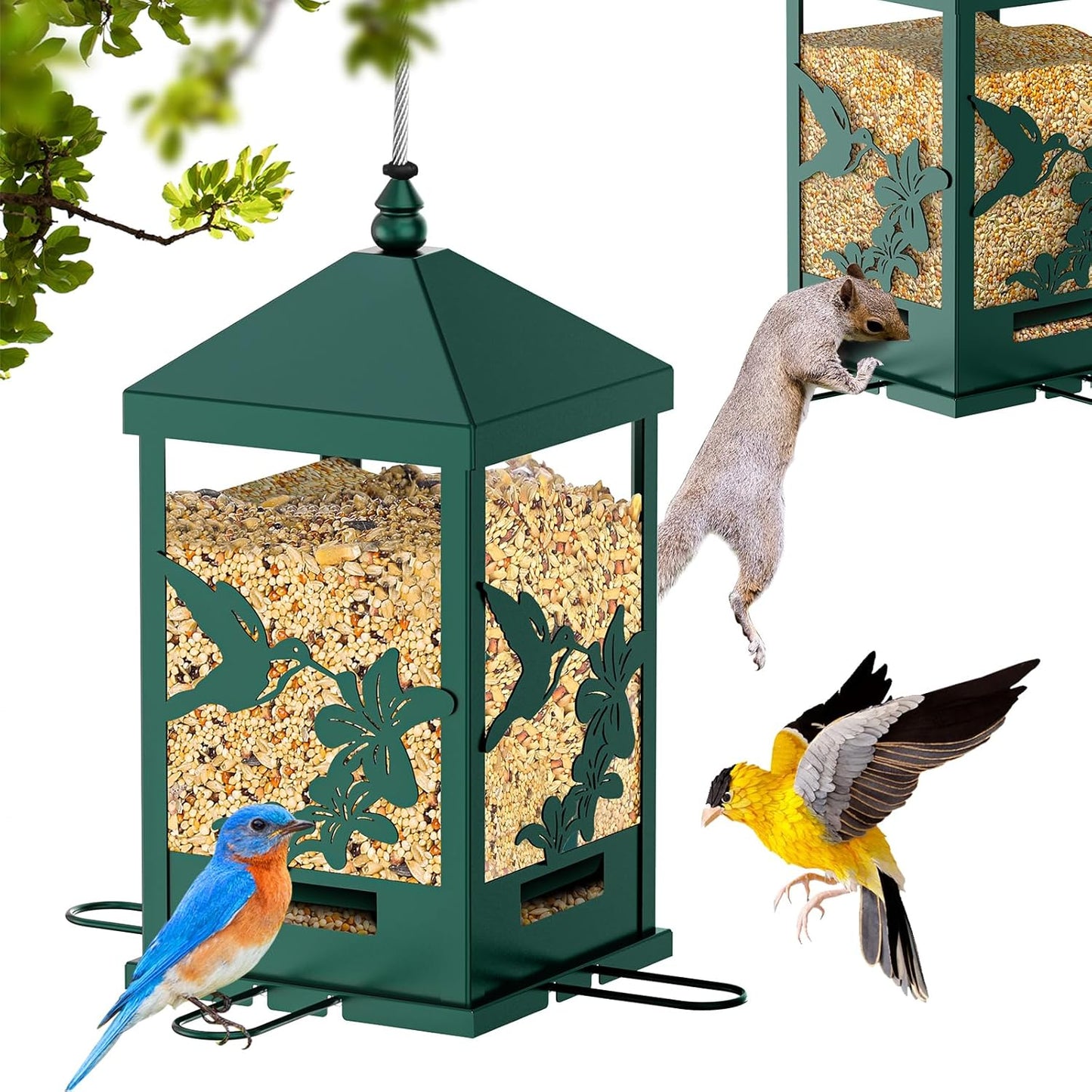 Squirrel Proof Bird Feeders for Outdoors, 6LBS Extra Large Capacity Hanging Metal Bird Feeder with Weight-Activated Perches, Wild Bird Feeders for Outside Finch, Cardinal, Blue Jay