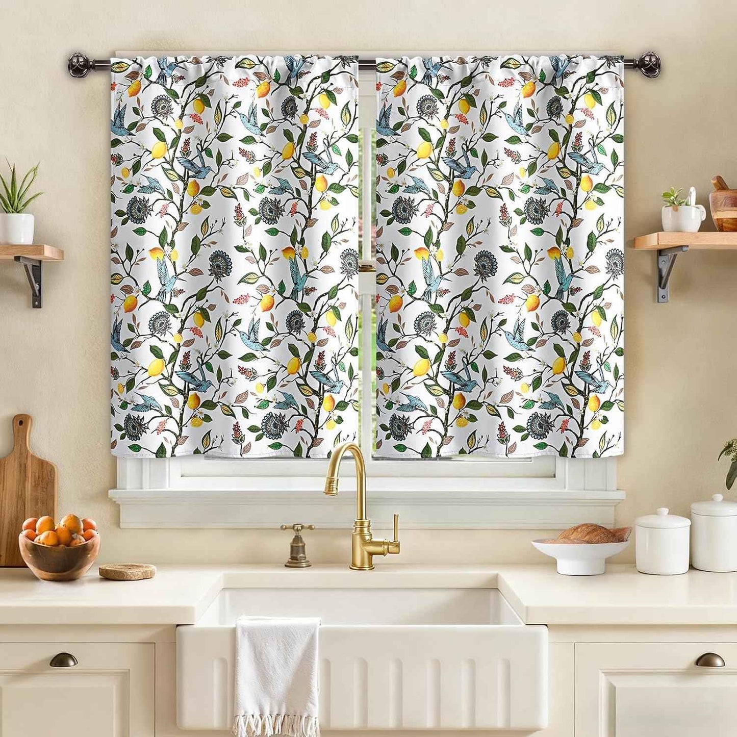 FRAMICS White Blackout Kitchen Curtains 36 Inch Length Birds Floral Bathroom Curtains Rod Pocket Lemon Short Curtain for Windows Cafe Basement Living Room Cabinet, 2 Panels