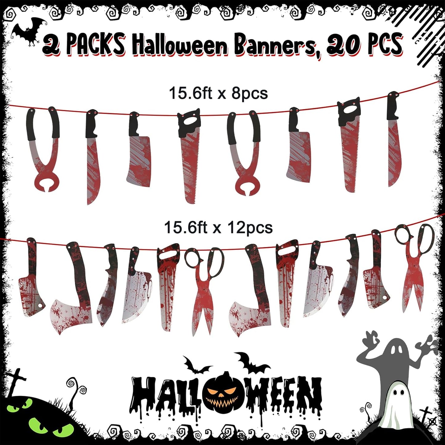 Halloween Decorations, 5 Sheets Wall Decals-Bloody Handprint Stickers, 2 Pack Halloween Banners and 2 PCS Caution Tape Rolls 3inx30ft for Indoor, Outdoor, Party Decor, Haunted Mansion