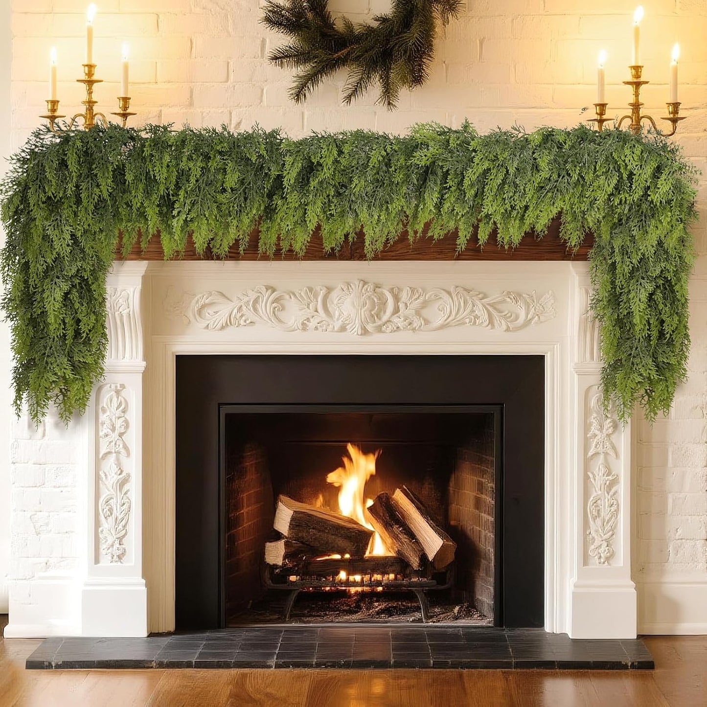 9FT Real Touch Cedar Garland - Artificial Christmas Garland Fake Green Faux Thick and Lush Pine Needles Garlands for Table Fireplace Mantle Holiday Home Indoor Outdoor Decor (2PCS)