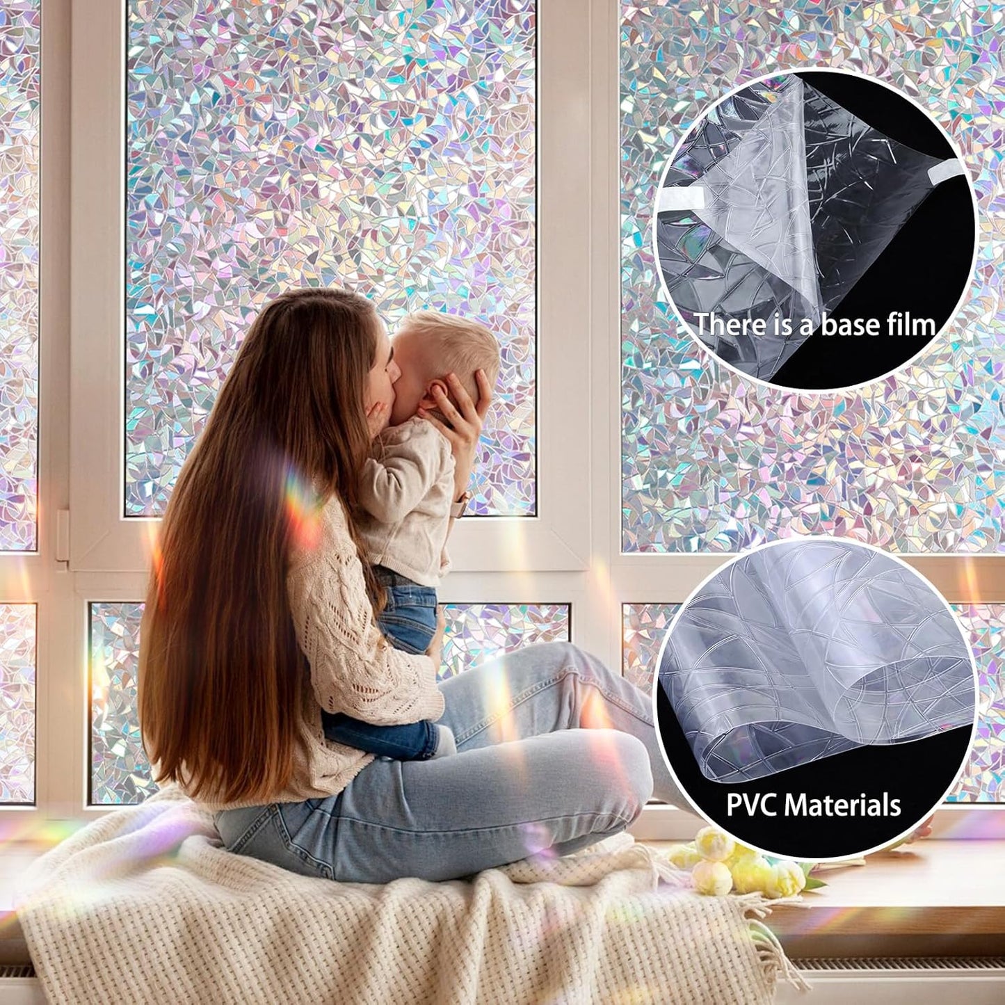 Rainbow Window Privacy Film 3D Decorative Stained Glass Window Film Anti UV Non-Adhesive Reusable 17.5" x 157.4" for Home Room Car Glass Cling